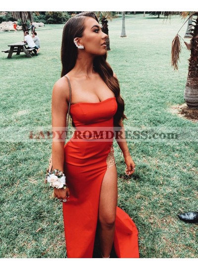 2023 Sheath Red Strapless Side Slit Long Prom Dresses