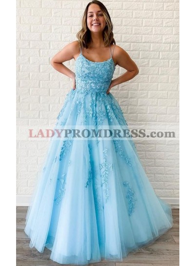 A Line Blue With Lace Patterns Halter Lace Up Long Prom Dresses 2023