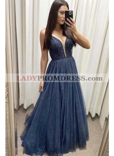 2023 A Line Tulle Navy Blue V Neck Long Backless Prom Dresses