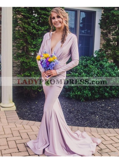 2023 Mermaid Long Sleeves Ruched Open Back Lavender Long Prom Dresses