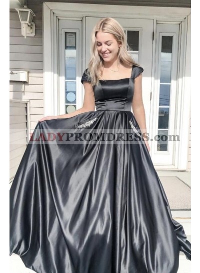 A Line Black Silk Like Satin Capped Sleeves Beaded Pockets Long Prom Dresses 2023