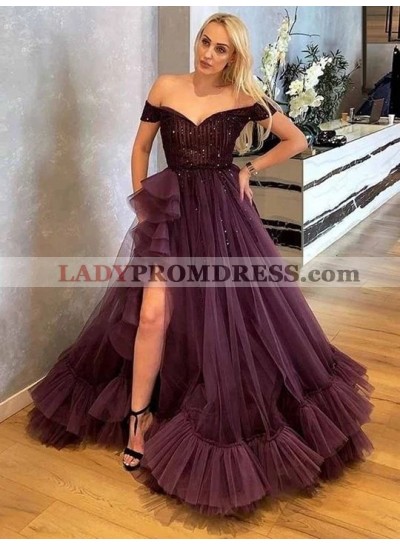 A Line Burgundy Tulle Off Shoulder Side Slit Sweetheart Long Prom Dresses 2023