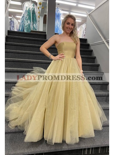 A Line Tulle Gold Strapless Long Prom Dresses 2023