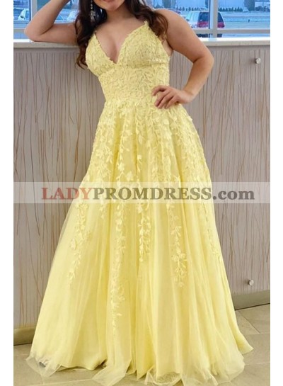 A Line Tulle With Appliques Light Yellow Sweetheart Long Plus Size Prom Dresses 2023