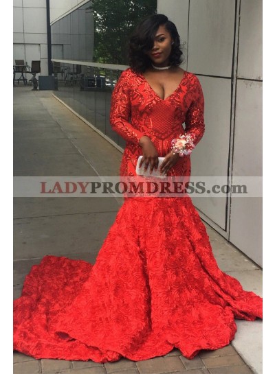 Red Mermaid Long Sleeves V Neck Rose Patterns Plus Size Long Prom Dresses 2023