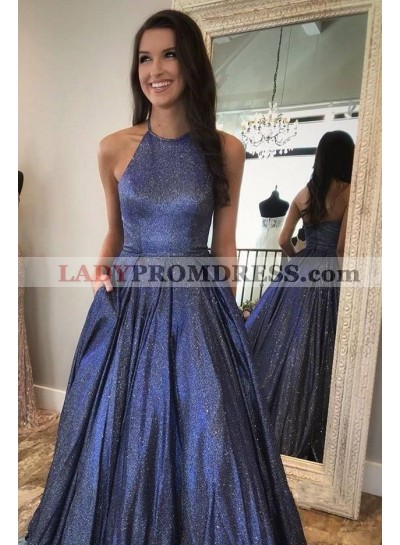 A Line Halter Blue Long Prom Dresses With Pockets 2023