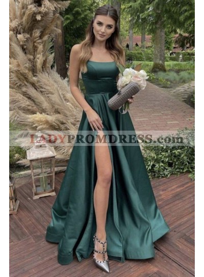 A Line Satin Side Slit Teal Long Halter Criss Cross Prom Dresses 2023