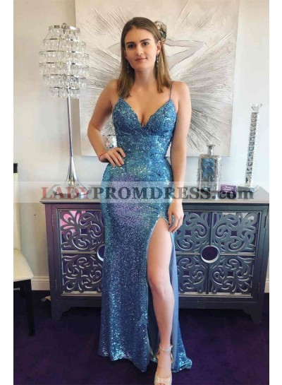 2023 Blue Sweetheart Side Slit Sequence Criss Cross Long Prom Dresses