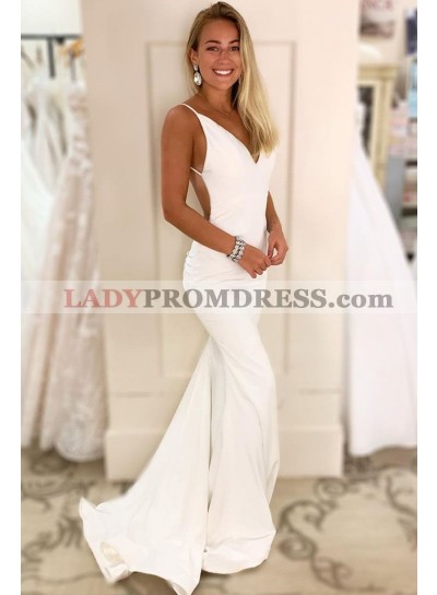 2023 Sheath V Neck White Open Back Long Prom Dresses