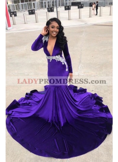 Purple Mermaid V Neckline Long Sleeves Beaded Long Prom Dresses 2023