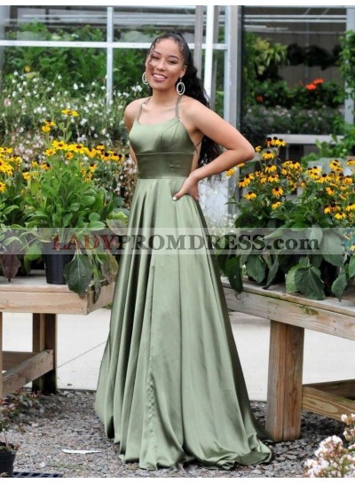A Line Silk Like Satin Sage Halter Criss Cross Side Slit Long Prom Dresses 2023