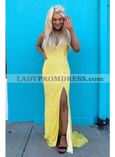 Sheath Daffodil Sweetheart Side Slit Sequence Long Backless Prom Dresses 2023