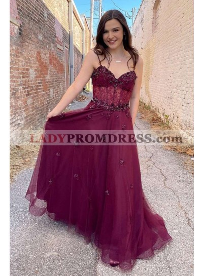 2023 A Line Sweetheart Burgundy Tulle With Beads Spaghetti Straps Long Prom Dresses