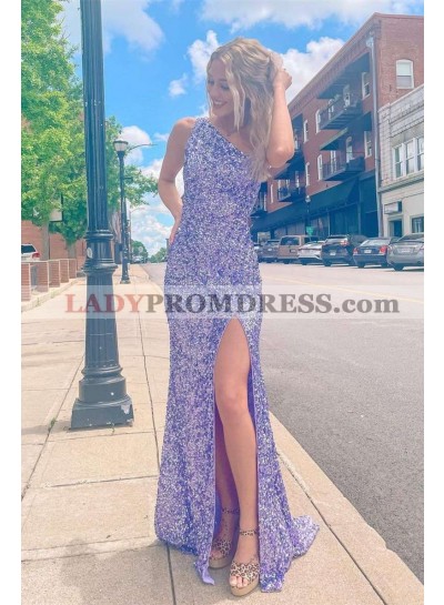 One Shoulder Lavender Side Slit Sequence Long Prom Dresses 2023