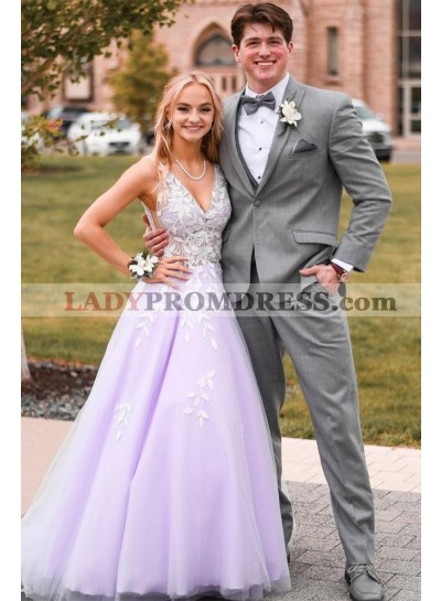 2023 A Line Tulle Lilac With White Appliques V Neck Long Prom Dresses