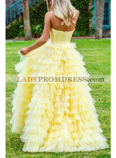 Strapless A Line Tulle Strapless Light Yellow Ruched And Layered Prom Dresses 2023