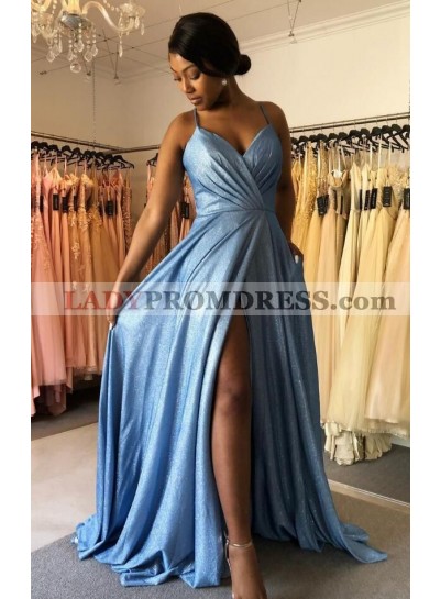 A Line Blue Sweetheart Side Slit Halter Criss Cross Long Prom Dresses 2022