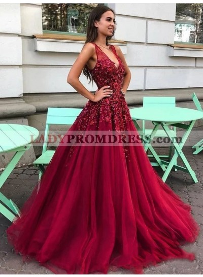 2023 A Line V Neck Burgundy Tulle Long Prom Dresses With Appliques