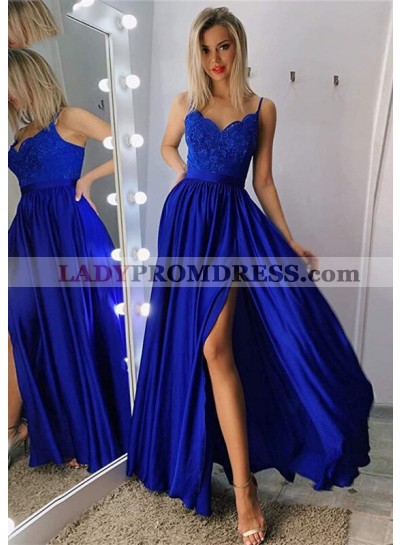 A Line Royal Blue Sweetheart Side Slit Long Prom Dresses With Appliques 2023