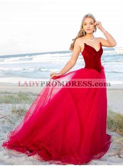 A Line Strapless Tulle Sweetheart Long Burgundy Prom Dresses 2023