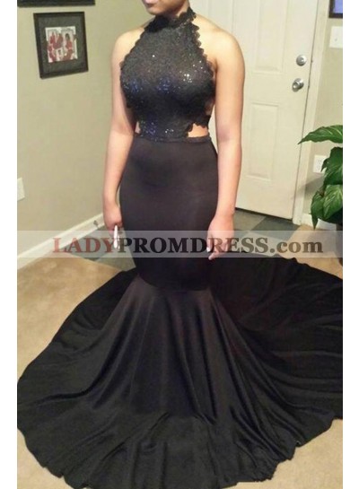 2023 Black Mermaid Lace Hollow Out Long Prom Dresses With Long Train