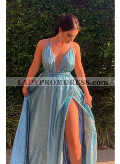2022 A Line Blue Sweetheart Side Slit Backless Long Prom Dresses