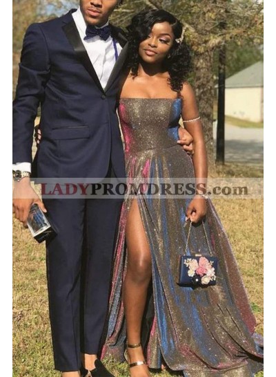 2023 A Line Strapless Brown Side Slit Lace Up Back Long Prom Dresses