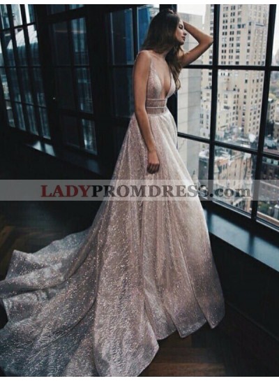 2023 A Line Deep V Neck Natural Waist Long Prom Dresses