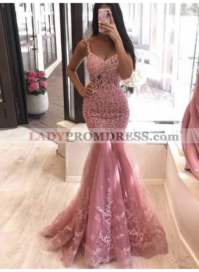2023 Mermaid Tulle Dusty Rose Sweetheart Prom Dresses With Appliques