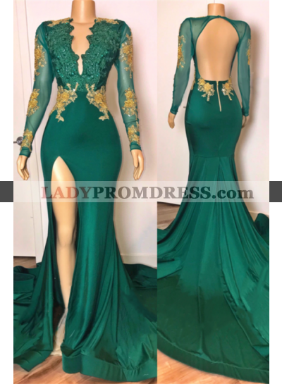 2022 Long Sleeves Emerald Side Slit Open Front Backless Long Prom Dresses
