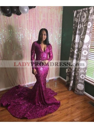 2023 Long Sleeves Fuchsia Sequence Mermaid Long Prom Dresses