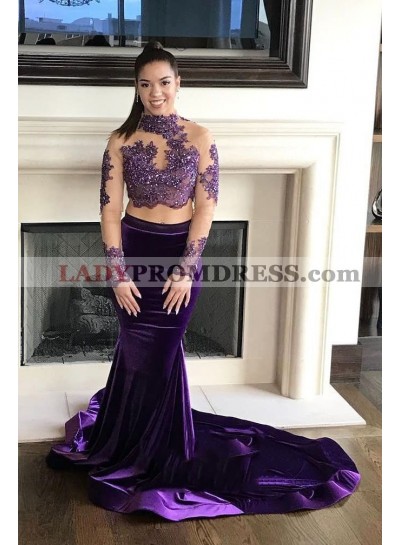 2023 Long Sleeves Purple Two Pieces Open Back Appliques Long Prom Dresses