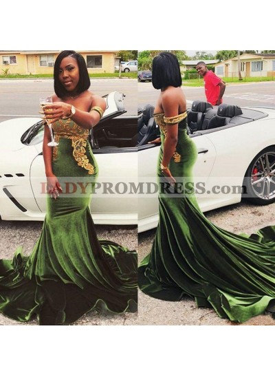 2023 Sheath Green Off Shoulder Long Prom Dresses With Gold Embroidery