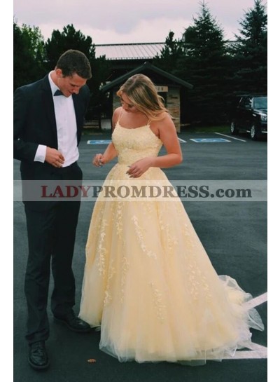 2023 A Line Light Yellow Tulle Scoop Long Criss Cross Prom Dresses With Appliques