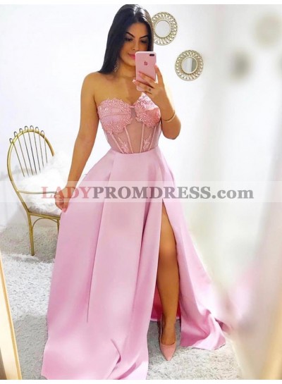 A Line Satin Sweetheart Side Slit Pink Long Prom Dresses 2023