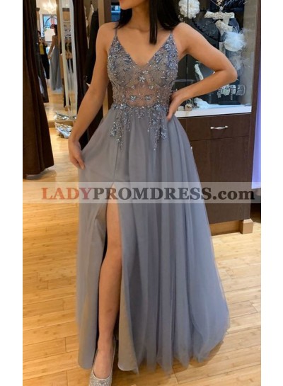 2023 A Line V Neck Tulle Side Slit Beaded Gray Long Prom Dresses