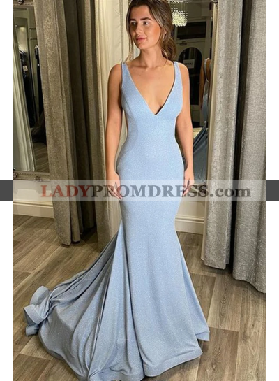 2023 Light Sky Sheath Blue V Neck Open Back Long Prom Dresses