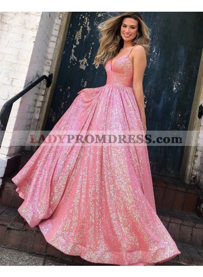 2023 A Line Pink Sweetheart Spaghetti Straps Sequence Long Prom Dresses