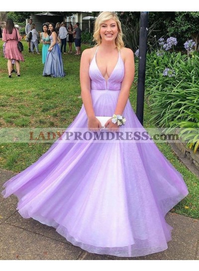 A Line Tulle Lilac Halter Long Prom Dresses 2023