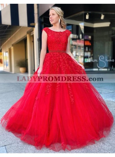 2023 A Line Red Tulle With Appliques Backless Long Prom Dresses