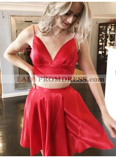 2023 A Line Elastic Satin Red Sweetheart Two Pieces Homecoming Dresses