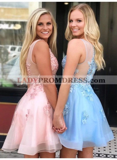 A Line Sweetheart Blue Tulle With Appliques Knee Length Short Homecoming Dresses 2023