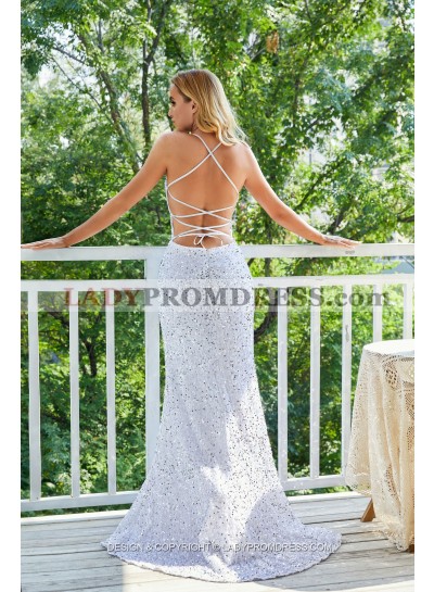 Sweetheart White Sequence Long Prom Dresses Backless 2023