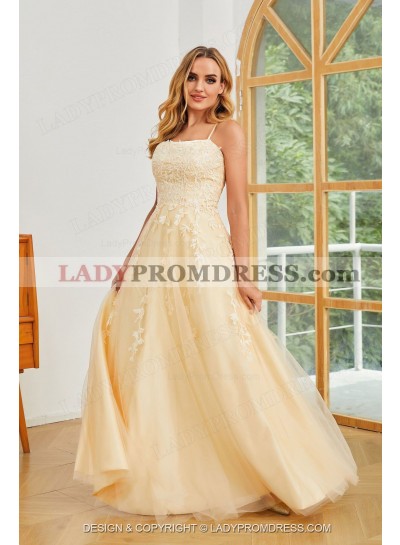 2023 A Line Tulle Light Yellow Halter Criss Cross Long Prom Dresses