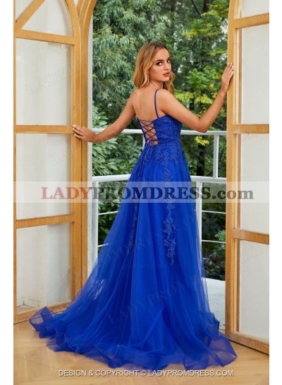 2023 A Line Sweetheart Neck Royal Blue Side Slit Tulle Prom Dresses With Appliques
