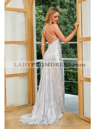 2023 Silver V Neck Sequence Halter Backless Long Prom Dresses