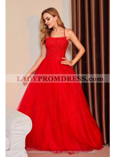 2023 A Line Halter Tulle Beaded Criss Cross Long Red Prom Dresses