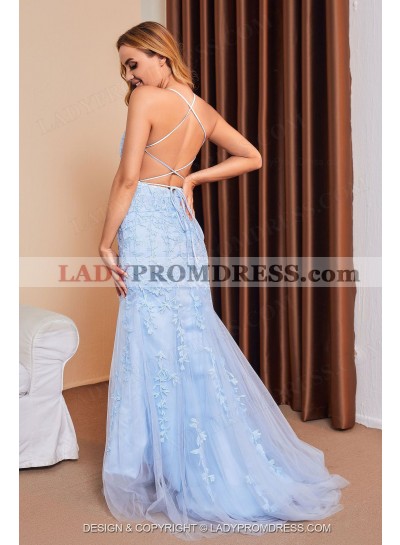 2023 Sheath Light Sky Blue Halter Tulle With Appliques Long Prom Dresses