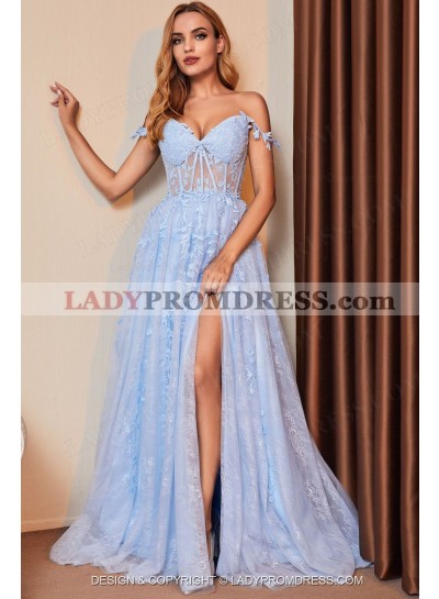 2023 A Line Light Sky Blue Off Shoulder Side Slit Tulle With Appliques Long Prom Dresses
