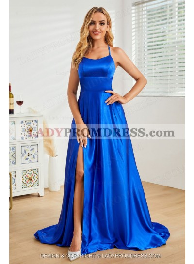 2023 Royal Blue Halter Cross Criss A-line Long Prom Dresses